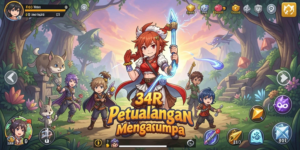 Screenshot utama 34R menampilkan pertarungan karakter anime yang epik.