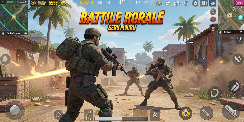 Tampilan gameplay seru dalam 555F saat bertempur di arena Battle Royale.