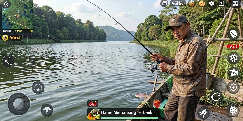 Screenshot gameplay <strong>666J</strong> menampilkan pertempuran menangkap ikan yang seru.
