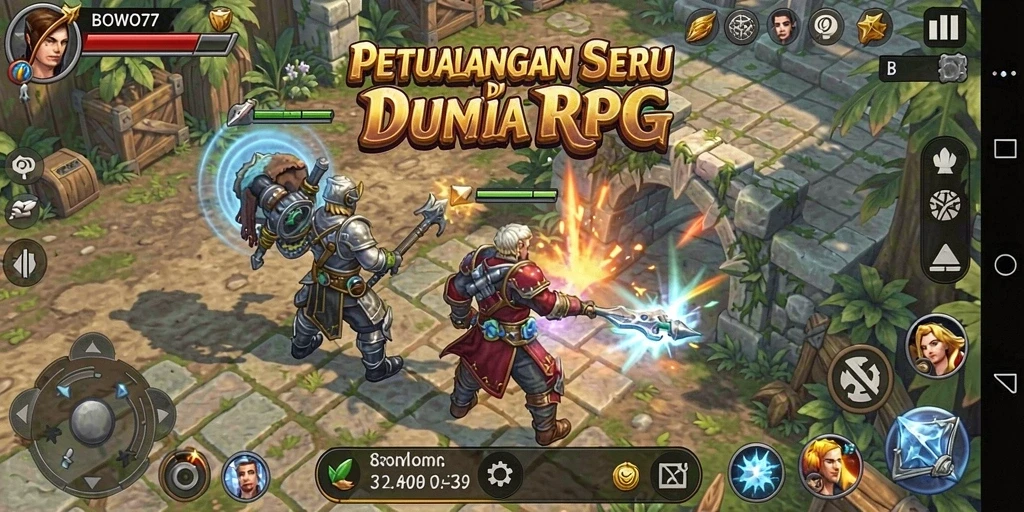 Tampilan gameplay BOWO77 yang menegangkan saat pertarungan RPG.