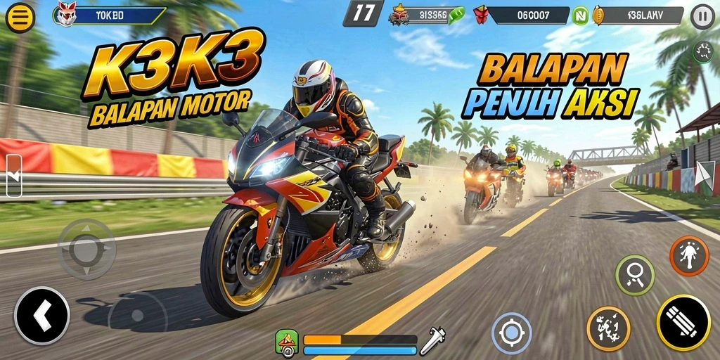Gameplay K3K3 yang mendebarkan dengan aksi balapan motor.