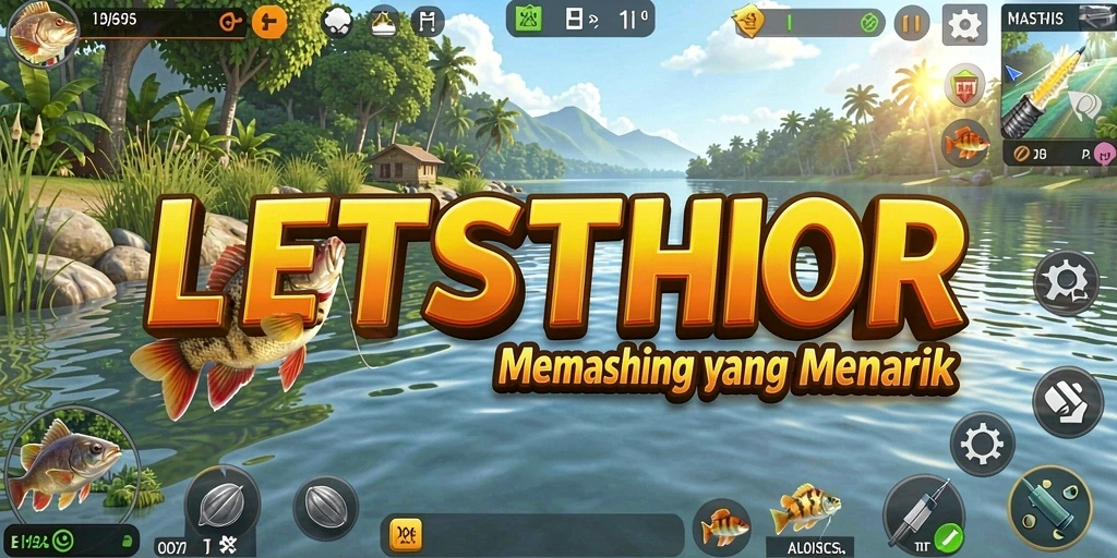 Tampilan gameplay LETSTHOR yang menampilkan aktivitas memancing yang seru.