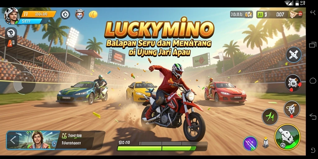 Tangkapan layar LUCKYMINO menampilkan aksi balapan seru dan cepat.