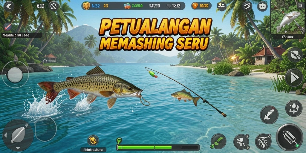 Screenshot gameplay N32 menampilkan aksi memancing yang menegangkan.
