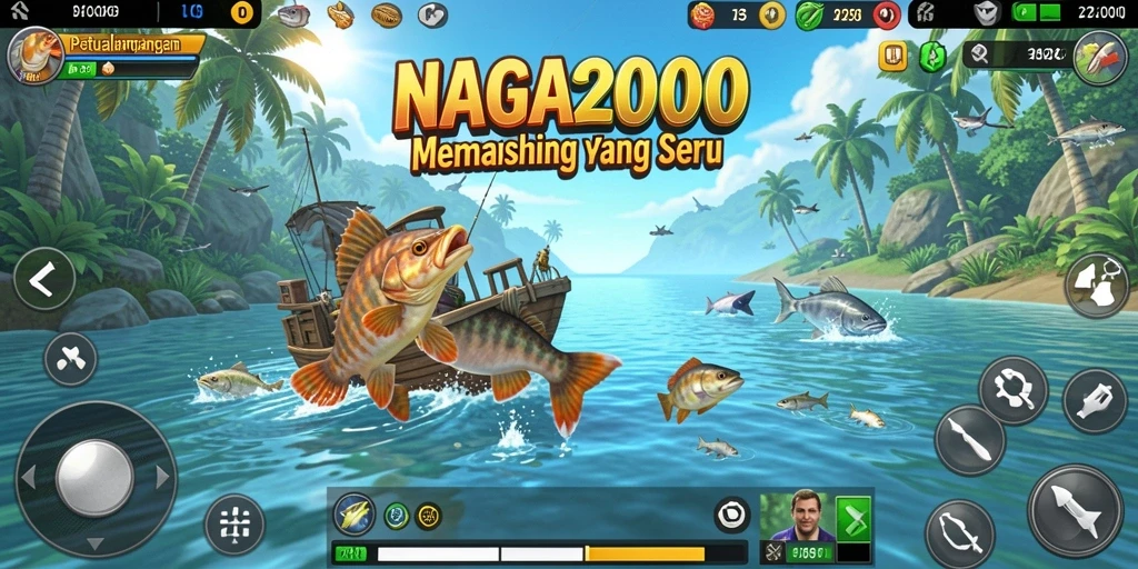 Screenshot gameplay NAGA2000 yang menampilkan suasana memancing yang realistis.