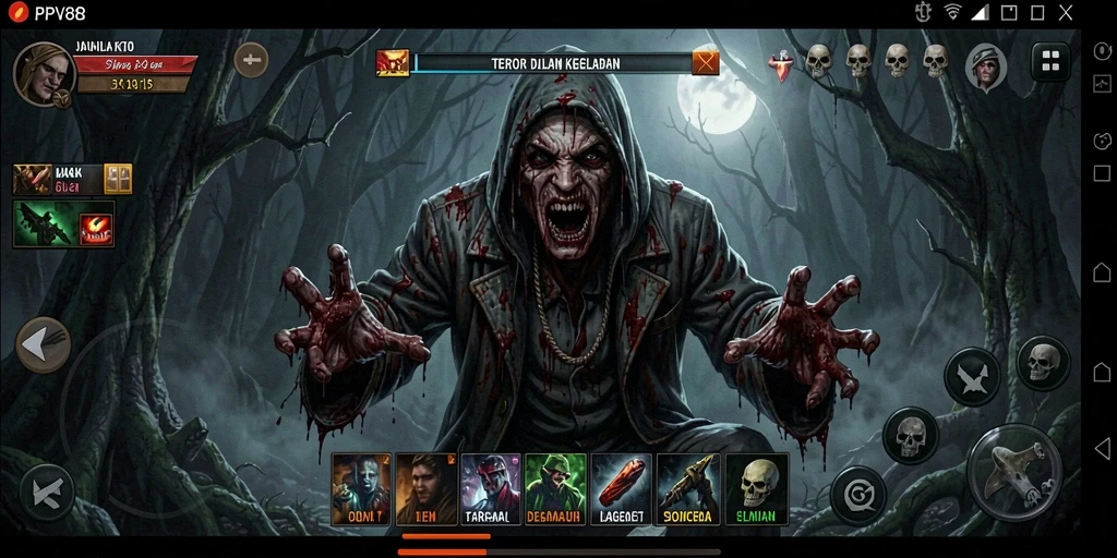 Screenshot permainan PPV88 menampilkan suasana mencekam dan hantu yang menyeramkan.