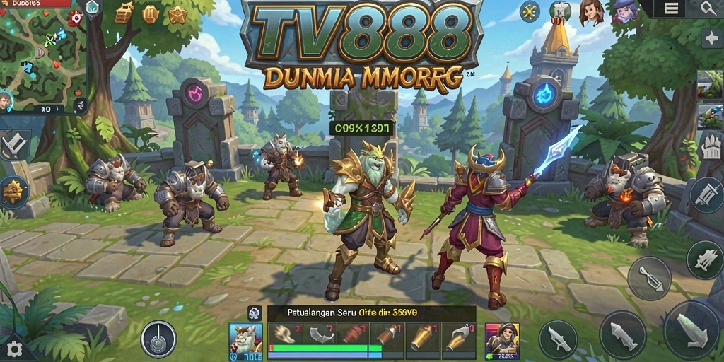 Screenshot dari gameplay TV888 yang menunjukkan pertarungan epik di dunia MMORPG.